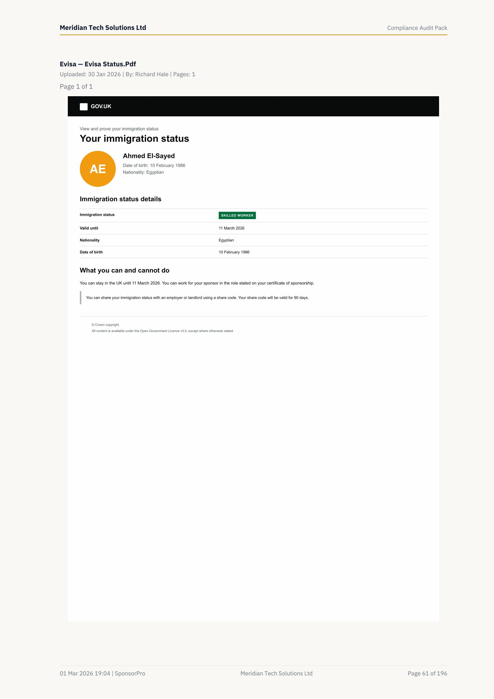 Worker: Ahmed El-Sayed — eVisa Status
