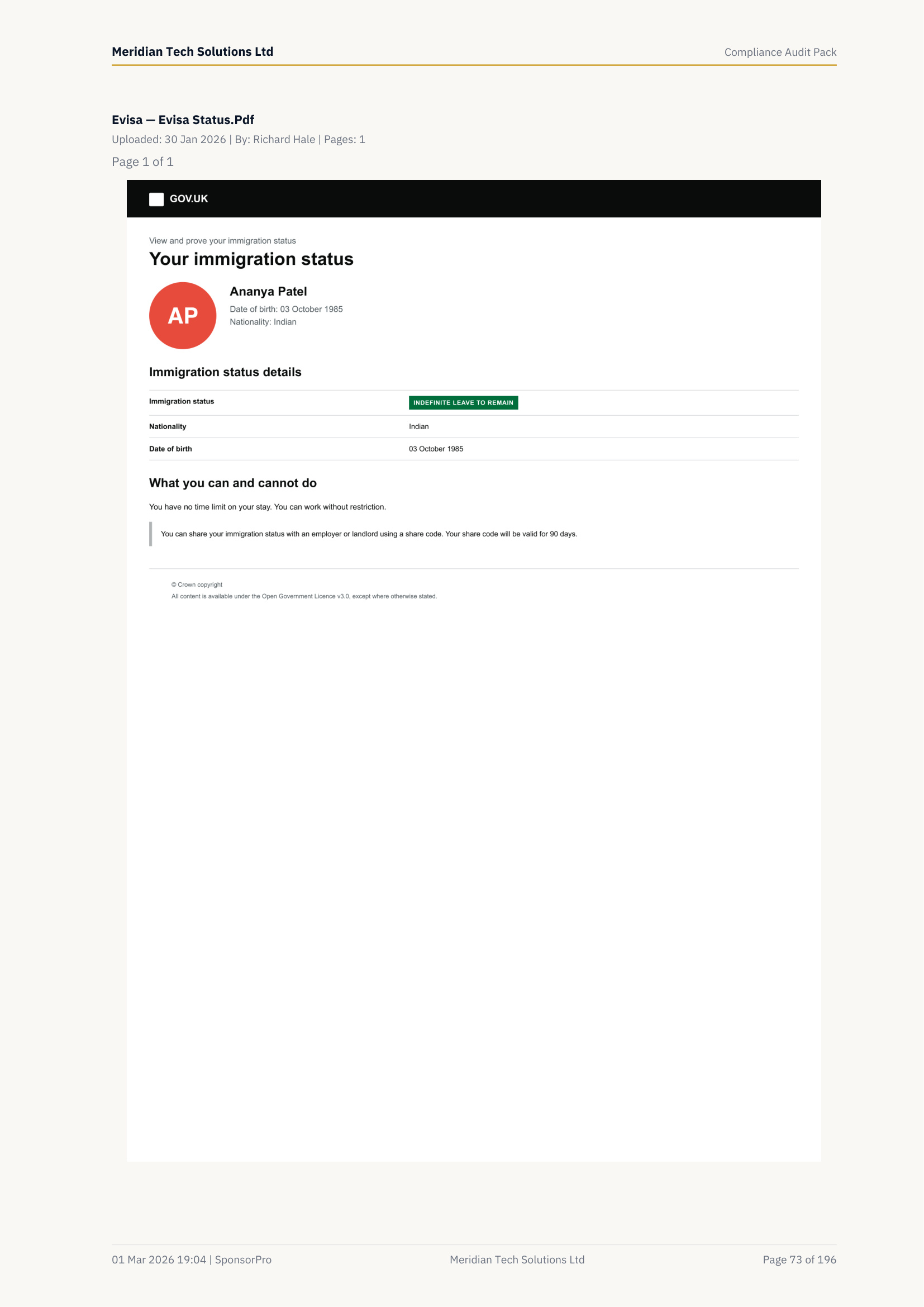 Worker: Ananya Patel — eVisa Status